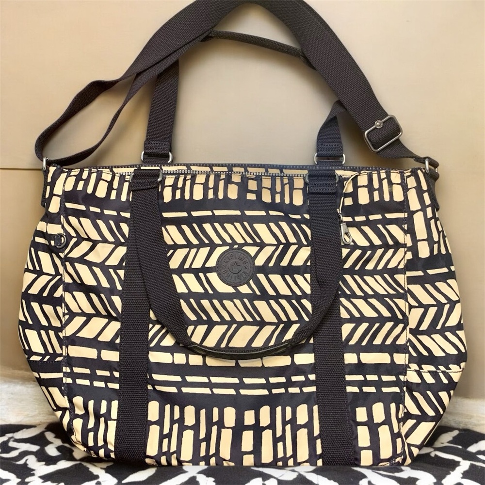 Kipling Art Printed Shoulder Bag Tote Blue Ivory Print No Monkey Included